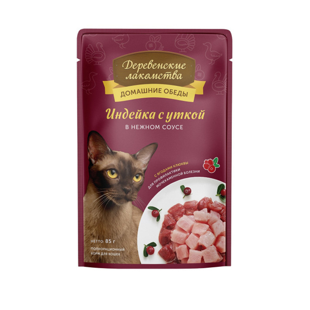 Деревенские лакомства пауч д/кошек «Индейка с уткой в нежном соусе» 85гр