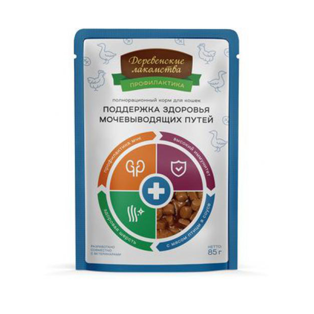 Деревенские лакомства пауч д/кошек «Здоровье мочевывод. путей с птицей» 85гр