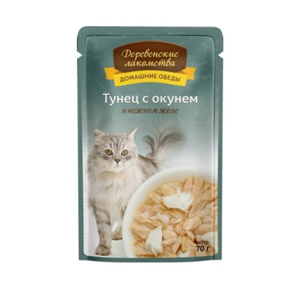 Деревенские лакомства  пауч для кошек «Тунец с окунем в нежном желе» 70гр